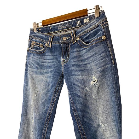 Miss Me Jeans Medium Wash Low Rise Boot Cut Studs/Gems Size 28 - Picture 2 of 13